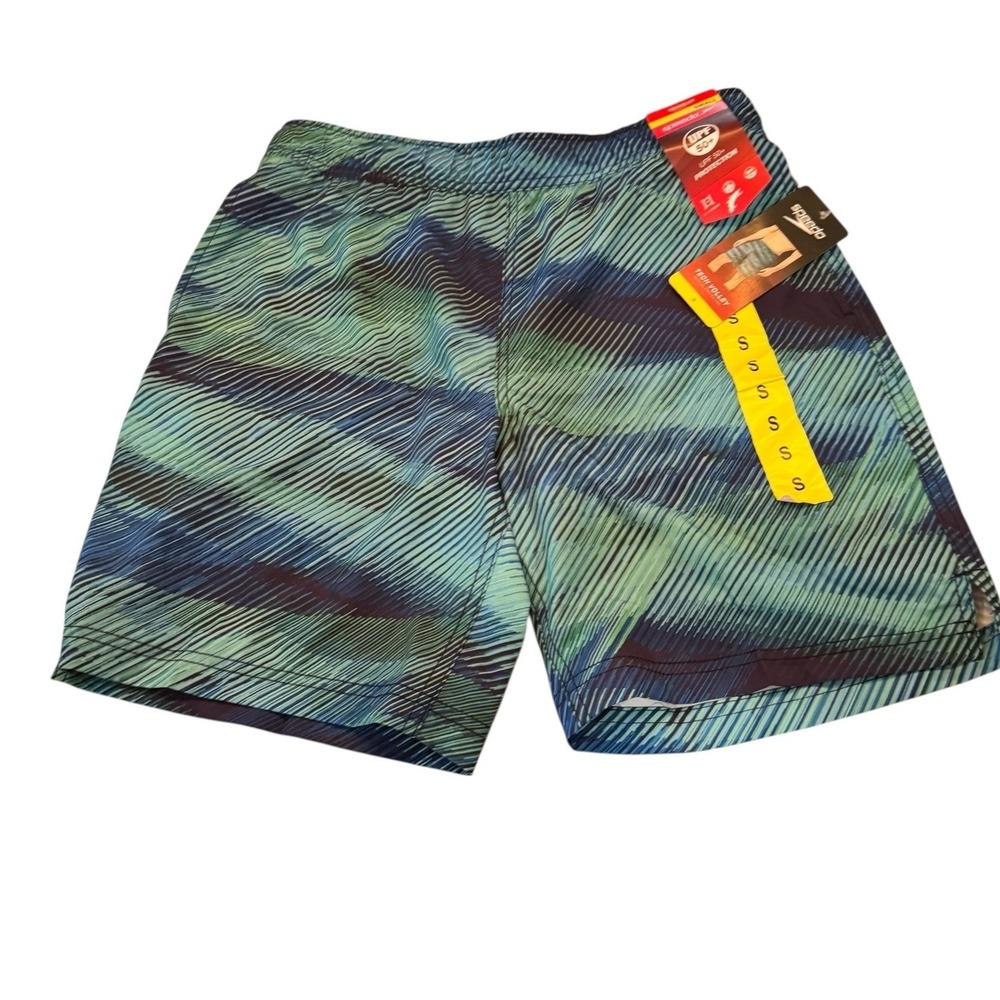 Speedo Mens Tech Volley Swim Trunks Small Blue Green Abstract UPF 50+ New NWT‎